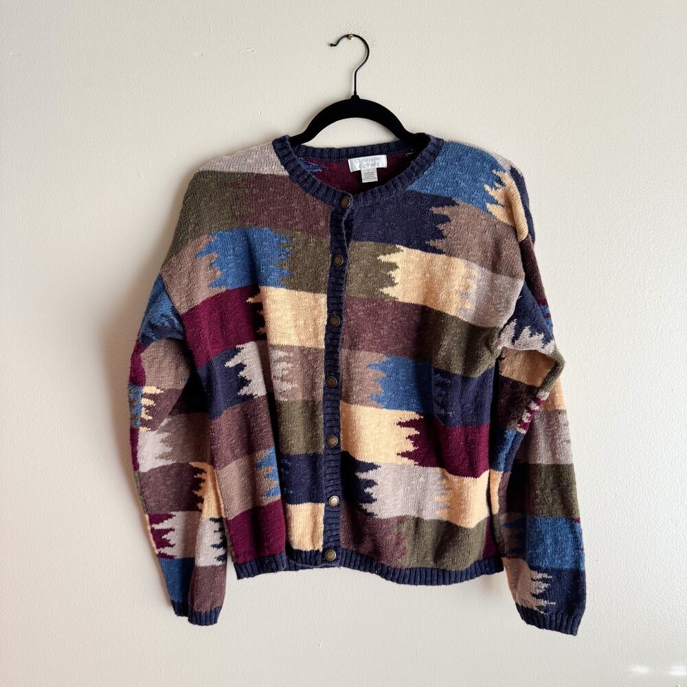 Christopher & Banks Blue Yellow Multicolor Vintage Button Front Cardigan Large